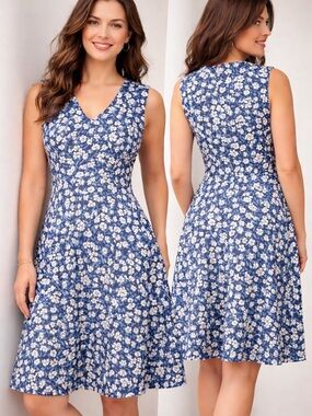 Draper James Floral Dress Sz 14 BlueWhite Fit Flare Sleeveless Cotton